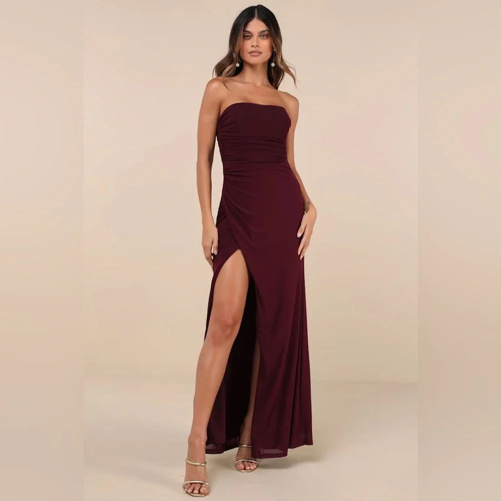Lulu’s Epitome of Allure Purple Mesh Strapless Ruched Tulip Maxi Dress Small - Picture 1 of 7
